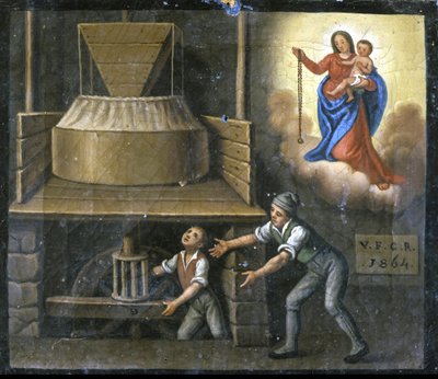 De hand van een jonge arbeider wordt gevangen in een molensteen. door Unknown artist