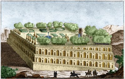 De hangende tuinen van de legendarische koningin Semiramis in Babylon, een van de zeven wereldwonderen. Gravure uit 1829 in 