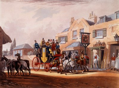 Het paardenrelais van een diligence tijdens een stop in een herberg door Unknown artist