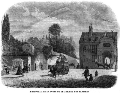 Het ziekenhuis van Pitie Salpetriere en de plantentuin in Parijs in 1858. door Unknown artist