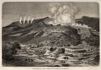 De hete bron van Te Tarata, omgeven door terrassen van witte silica, links vier geisers en rechts een meer en waterval door Unknown artist
