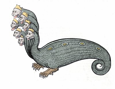 De hydra met de zeven koppen is een waterslang met een hondenlichaam door Unknown artist