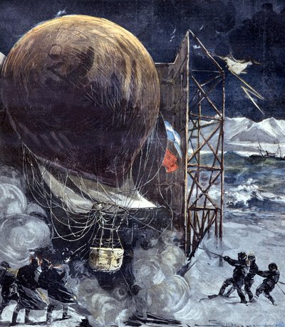 De waterstofballon Oernen (Aquila) door Zweedse ingenieur Solomon Andrée (1854 - 1897) tijdens een sneeuwstorm op een eiland in Denemarken, kort voor het vertrek naar de Noordpool, een expeditie die verloren zal gaan. 1897 door Unknown artist