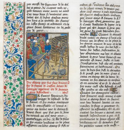 Het gerechtelijk duel van Jacques le Gris en Jean de Carrouges. Bloemenrand. door Unknown artist