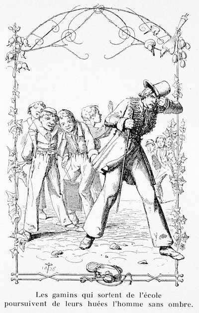 De kinderen die de school verlaten achtervolgen de man zonder schaduw - in "Het wonderbaarlijke verhaal van Pierre Schlemihl" door Aldebert Von Chamisso door Unknown artist
