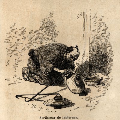 De lantaarnkramper, zonder enig instrument anders dan een tang, past hij de papieren lantaarns aan hun frame van hoepels en draad haken. Gravure ter illustratie van de reis naar Japan, door Aime Humbert, minister van de Zwitserse Confederatie, in 1863-1864 door Unknown artist
