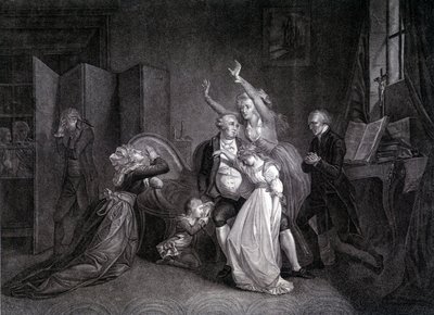 Het laatste gesprek van Lodewijk XVI met zijn familie (Marie Antoinette en Lodewijk XVII). Gravure uit de 19e eeuw door Unknown artist