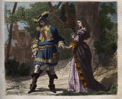 Het laatste interview van Marie Mancini (1639-1715) met Lodewijk XIV (1638-1715) voor zijn vertrek van het hof naar Brouage op 22 juni 1659, het ballingschap georganiseerd door kardinaal Mazarin om hem weg te houden van de koning - Illustratie uit de 