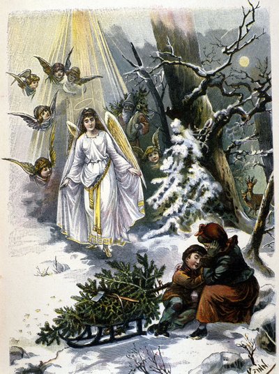 De legende van de kerstboom: verschijning van een engel. Illustratie uit de 19e eeuw. door Unknown artist