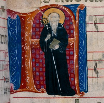 De letter A met een afbeelding van St. Benedictus: f.70r van een Antifonarium door Unknown