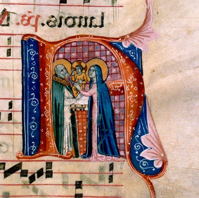 De letter "N" met een afbeelding van de Presentatie in de Tempel: f.36v van het Antifonarium door Unknown artist