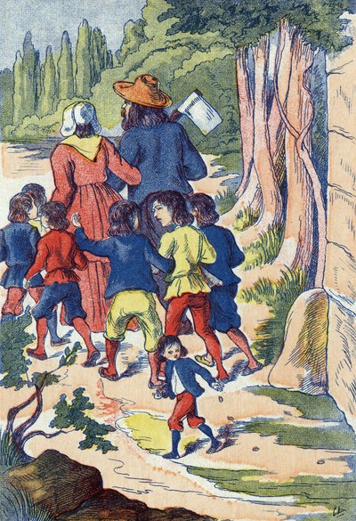 De kleine duim zaait stenen op zijn weg. Illustratie voor "De kleine duim", sprookje door Charles Perrault (1628-1703), Franse schrijver. Anonieme illustratie. Beeld Marcel Vagne, Jarville Nancy, ongedateerd (eind 19e eeuw). door Unknown artist