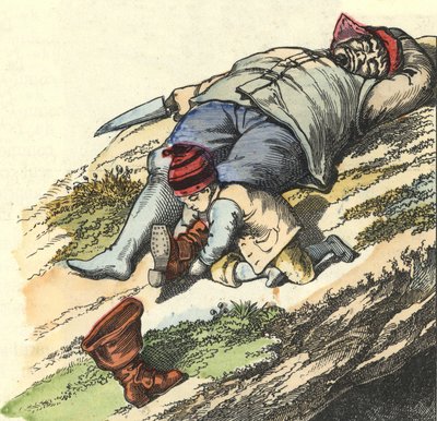 Klein Duimpje steelt de laarzen van 7 mijlen van de slapende oger. Illustratie van het sprookje 