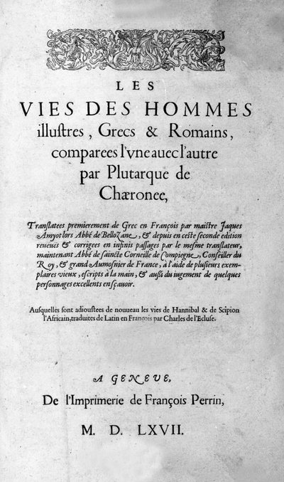 De levens van beroemde mannen. Pagina uit het boek van Plutarchus van Cheronee, ook wel 