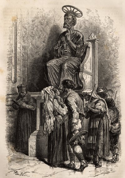 De onderste voet van het bronzen standbeeld van St. Peter, een object van verering voor de katholieke pelgrims die de Sint-Pietersbasiliek in het Vaticaan binnengaan. Gravure ter illustratie van het verhaal van Ludovic Celler: la semaine sainte à Rome, en  door Unknown artist