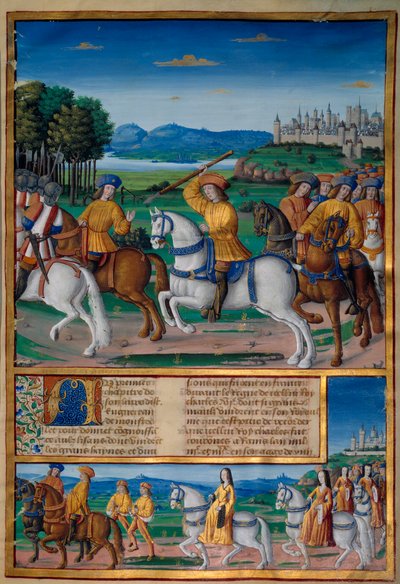 De waanzin van Karel VI (1368 - 1422). Op 5 augustus 1392, in het bos van Le Mans, begon hij aanvallen van woeste waanzin te ervaren: schreeuwend om verraad, viel hij zijn eigen troep aan en doodde vier mensen. Kronieken van Enguerrand de Monstrelet door Unknown artist