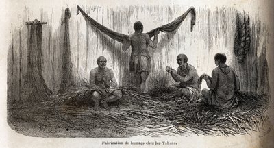 Het maken van hangmatten bij de Yahua-indianen van Peru door Unknown artist