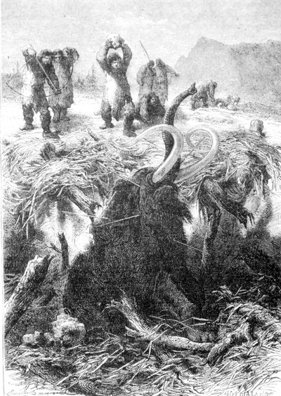 De mammoetjacht. Gravure uit het einde van de 19e eeuw door Unknown artist