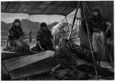 De vervaardiging van tapijten door nomadische vrouwen van Perzië. Gravure in het tijdschrift "La jeunesse" door Unknown artist