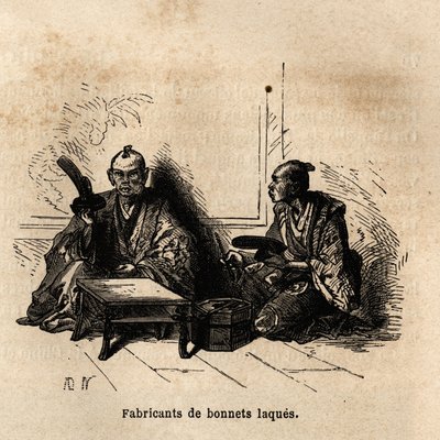 De vervaardiger van gelakte bekers. Gravure ter illustratie van de reis naar Japan in 1863-1864, door Aime Humbert, minister van de Zwitserse Confederatie, in 