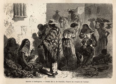 De mars van Cartagena, in de buitenwijken van de stad, voornamelijk bezocht door zwarten, mestiezen en indianen. Gravure ter illustratie van de reis naar Nieuw-Granada, door Dr. Saffray, 1869, gepubliceerd in 