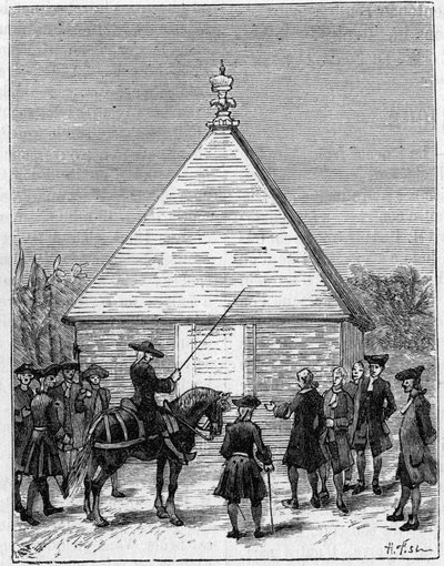 De meting van de graad van Ecuador in de 18e eeuw: piramide van Carabourou, Peru, opgericht door La Condamine in 1736. Gravure in 