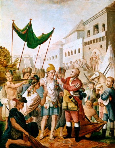 De ontmoeting tussen Hernan Cortes of Fernand Cortez en Montezuma in november 1519 door Unknown artist