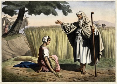 De ontmoeting van Ruth en Boaz, grootouders van de koning van Israël David (1000-972 v.Chr.). Anonieme gravure uit het midden van de 19e eeuw. door Unknown artist