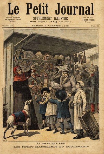 De kooplieden en hun boulevarddisplays op de dag van het jaar in Parijs. Gravure in Le petit journal 2/01/1892. Selva