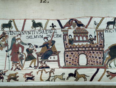 De boodschappers van de koning van Normandië Willem de Veroveraar (1027-1087) informeerden hem dat Harold, die uit Engeland kwam namens koning Edward de Belijder van Engeland, gevangen was genomen door graaf Guy de Ponthieu (detail) door Unknown artist
