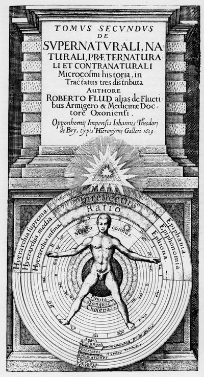 De microkosmos en de macrokosmos - Allegorische voorstelling van de positie van de mens in het universum (Vitruviaanse man) door Unknown artist