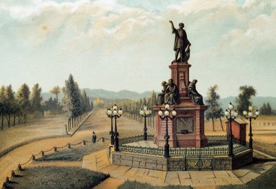 Het monument voor de navigator Christoffel Columbus (Cristoforo Colombo, Cristobal Colon) (1451-1506) op de Paseo de la Reforma in Mexico-Stad, Mexico. Chromolithografie van 1885 door Unknown artist