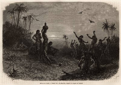 Het maanlichtbal, dat de 18-jarige jubileumceremonie en het huwelijk van een jonge Indiaan uit Rio Verde (Brazilië) afsluit. Gravure ter illustratie van de reis naar Nieuw-Granada, door Dr. Saffray, in 1869, gepubliceerd in 