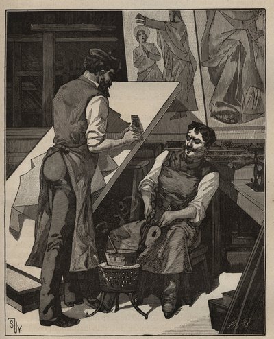 De mozaïek: mozaïekwerkplaats. Gravure uit 1885 in 