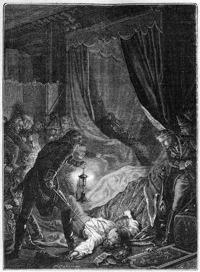 De moord op Tsaar Paul I van Rusland, maart 1801 - Illustratie 1882-1884 - De moord op Paul I Petrovich (1754-1801), Russische tsaar, in zijn kamer in het Sint-Michielspaleis na gedwongen te zijn zijn abdicatie te ondertekenen - Illustratie 1882-1884 door Unknown artist