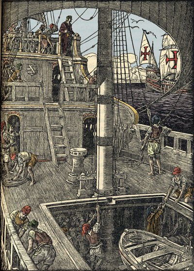 De navigator Christopher Columbus (1451-1506) aan boord van zijn karveel. door Unknown artist