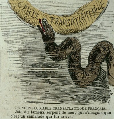 De nieuwe Franse trans-Atlantische kabel - Vreugde van de beroemde zeeslang, die zich voorstelt dat het een kameraad is die naar hem toe komt. Humoristische tekening van de gigantische zeeslang en de trans-Atlantische kabel gelegd in 1858. Tijdperk gravure door Unknown artist