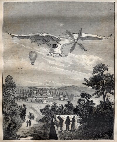 De nieuwe aerostaten: de vogel van Clément Ader (1841-1925), de Eole, tijdens een experiment in het park van Eugène Pereire nabij Parijs in 1891, het zou 15 m boven de grond hebben gevlogen - Gravure in 