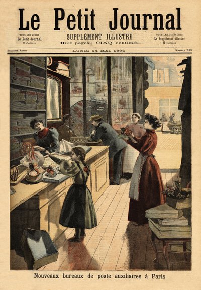 De nieuwe hulppostkantoren in Parijs, sommige onderhandelaars openen een postbalie, parallel aan hun commerciële activiteiten. Gravure in "Le petit journal" 14/05/1894. Selva