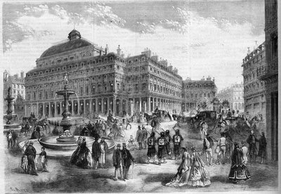 De nieuwe plaats van het Franse theater (Comedie Francaise) met de fonteinen geprojecteerd bij het Palais Royal (Palais Royal) in Parijs. Gravure in 