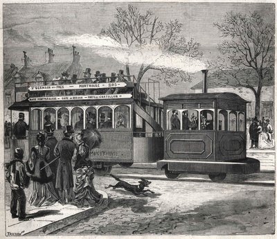 De nieuwe stoomtrams in Parijs in 1876 rijden op de lijn van Saint-Germain-des-Prés bij de poort van Chatillon, gravure Bianchetti collectie. door Unknown artist