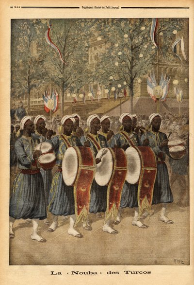 De nuba van de Turcos van Algerije, wandelend door de straten van Parijs. Gravure in 