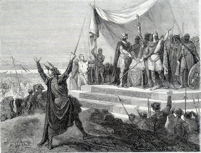 De eed van de twee broers voor hun wapenrusting: Karel II de Kale en Lodewijk II de Duitser zweren de eed tegen Lotharius I (Eden van Straatsburg 842). Gravure van de 19e eeuw. door Unknown artist