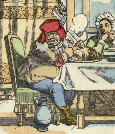 De reus aan tafel voelt de aanwezigheid van Klein Duimpje en zijn broers (illustratie van het sprookje 