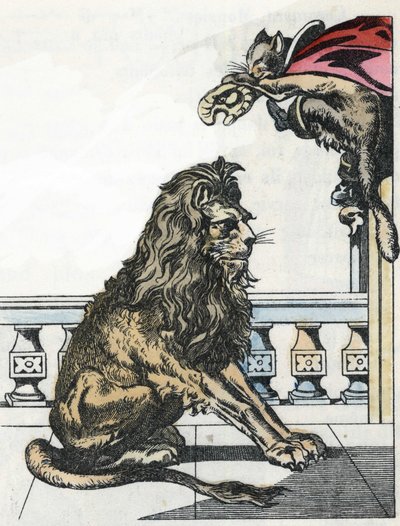De reus verandert in een leeuw op verzoek van de gelaarsde kat. Illustratie van het sprookje 