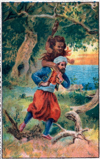 De oude man van de zee. De wonderbaarlijke avonturen van Sinbad de zeeman. Populair verhaal uit 1001 nachten. Chromolithografie uit het einde van de 19e eeuw. door Unknown artist