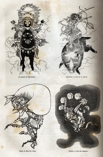 Het pantheon van Japanse godheden: traditionele weergave van enkele typische figuren: de patroon van het paardrijden; Marisiten, de god van de oorlog; Futen, de god van de winden; Raiden, de god van de donder. Gravure ter illustratie van de reis naar Japan door Unknown artist