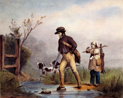 De doorgang heeft jagers die een waterloop te voet oversteken. Lithografie van de 19e eeuw Gien, jachtmuseum door Unknown artist