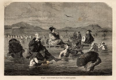 De oversteek van een doorwaadbare plaats, met presentatie van de manieren om passagiers en bagage te vervoeren door Unknown artist