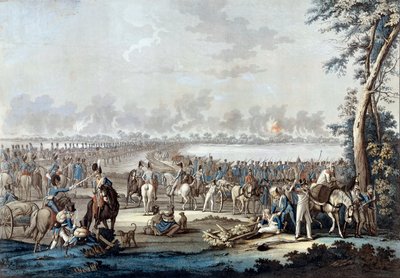 De oversteek van de Donau op 6/07/1809 tijdens de Slag bij Wagram. Lithografie uit de 19e eeuw Parijs, Musee de l